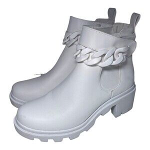 Steve Madden Boots Womens 9.5M White Ankle Chunky Sole Chain Detail Pull Tab